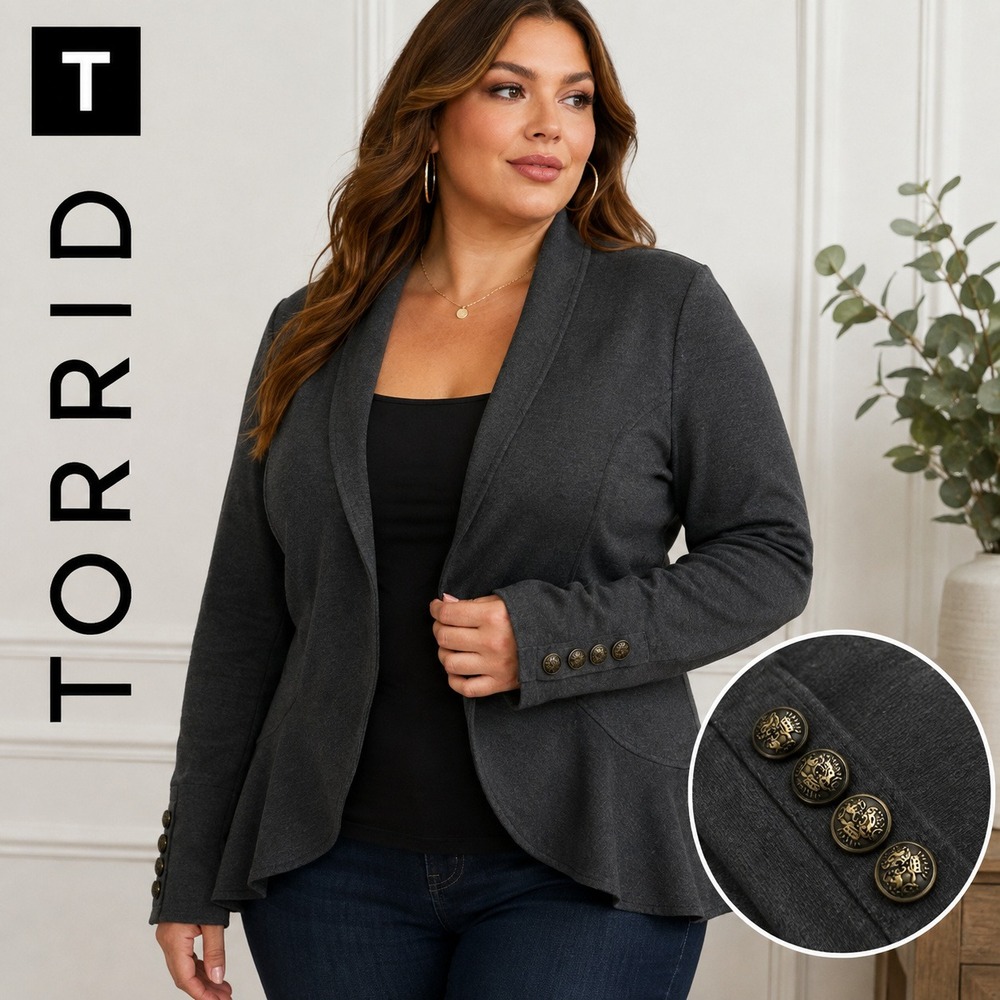 Torrid Peplum Knit Blazer Women Size 1/XL Grey Open Front Crest Button Cardigan